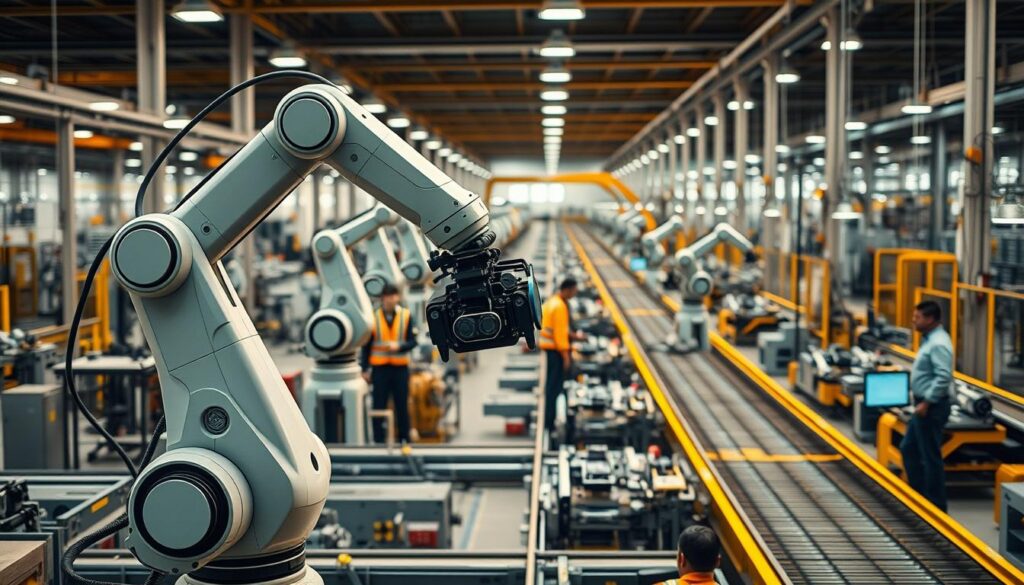 A bright, modern factory floor with robotic arms and collaborative robots working alongside skilled human operators. In the foreground, a cobot with a sleek, industrial design effortlessly lifts and transports heavy machinery components. In the middle ground, workers monitor and interact with the cobots, their faces lit by the glow of digital interfaces. The background is filled with rows of automated production lines, conveyor belts, and the occasional glimpse of Brazilian industrial architecture. Warm, diffused lighting casts a sense of productivity and innovation, capturing the spirit of technological advancement in Brazil's industrial landscape.