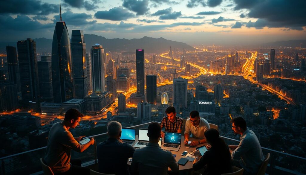 A bustling city skyline in Brazil, with towering skyscrapers casting long shadows over a sprawling urban landscape. In the foreground, a group of people gather around a table, deep in discussion, their faces illuminated by the glow of laptops and smartphones. The air is thick with tension, as they grapple with the challenges of cloud gaming in a country with uneven internet infrastructure and high costs. In the distance, a network of wires and cables snakes through the city, hinting at the complexities of delivering a seamless gaming experience. The scene is lit by a warm, golden light, creating a sense of both opportunity and uncertainty as the future of gaming hangs in the balance.