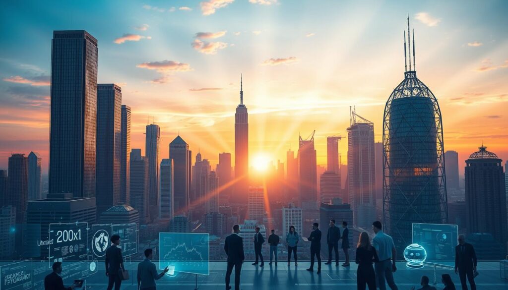 A bustling cityscape, towering skyscrapers and futuristic structures rise against a vibrant, sunset-hued sky. In the foreground, digital interfaces, holographic projections, and robotic figures symbolize the transformation of the tech industry, seamlessly integrating with the urban landscape. The middle ground features a diverse array of professionals, from coders to executives, engaged in dynamic discussions and collaborative work, reflecting the dynamic evolution of the sector. Rays of light pierce through the scene, casting a warm, optimistic glow and highlighting the sense of innovation and progress. Sleek, minimalist design elements and a subtle color palette convey the sophistication and cutting-edge nature of the technological advancements shaping the future of the market.