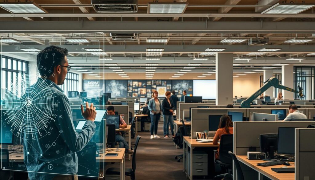 A bustling office workspace with cubicles and desks, illuminated by soft overhead lighting and large windows. In the foreground, a worker engages with a glowing holographic display, suggesting the integration of advanced AI-powered technology. In the middle ground, co-workers collaborate on creative projects, while in the background, robotic automation handles repetitive tasks. The scene conveys a sense of both technological progress and human-AI collaboration, reflecting the vulnerabilities and opportunities in creative and technical sectors as generative AI becomes more prevalent.