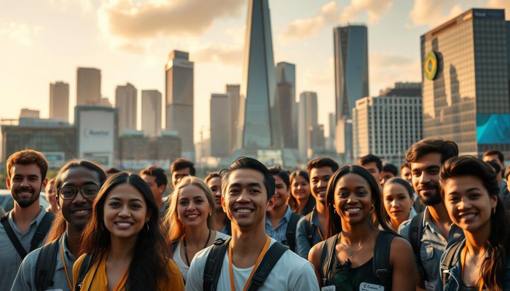 A bustling urban landscape, showcasing the vibrant tech industry of Brazil. In the foreground, a diverse group of talented software engineers, designers, and innovators, their faces aglow with determination and passion. The middle ground features the sleek, modern architecture of leading tech companies, their logos proudly displayed. In the background, a towering skyline of skyscrapers, reflecting the growing presence of Brazilian talent in the global technology ecosystem. Warm, golden lighting casts a sense of optimism and innovation, while a cinematic depth of field emphasizes the dynamic energy of this emerging tech hub. A scene that celebrates the rise of Brazilian talent, poised to make their mark on the world stage.