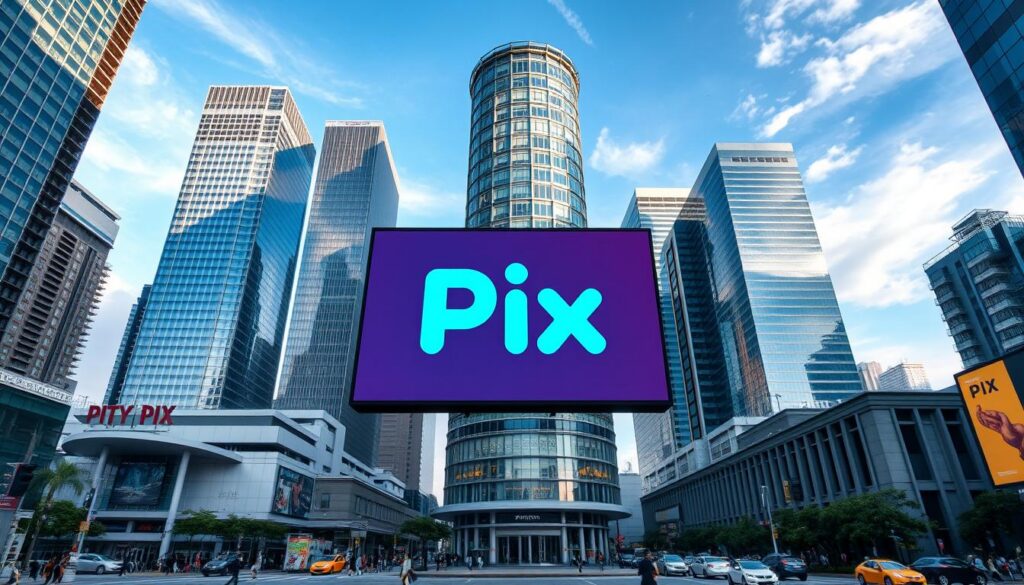 A bustling urban landscape with a modern financial district in the foreground. Towering skyscrapers and sleek high-rise buildings stand tall, their glass facades reflecting the vibrant blue sky above. In the center, a prominent digital display showcases the Pix logo, the innovative instant payment system that has revolutionized financial transactions in Brazil. The streets are alive with pedestrians and vehicles, a testament to the dynamic and forward-thinking nature of the country's financial ecosystem. The scene exudes a sense of progress, efficiency, and technological advancement, perfectly capturing the essence of the "Sistemas de pagamento instantâneo PIX Brasil" and its impact on the Latin American financial sector.
