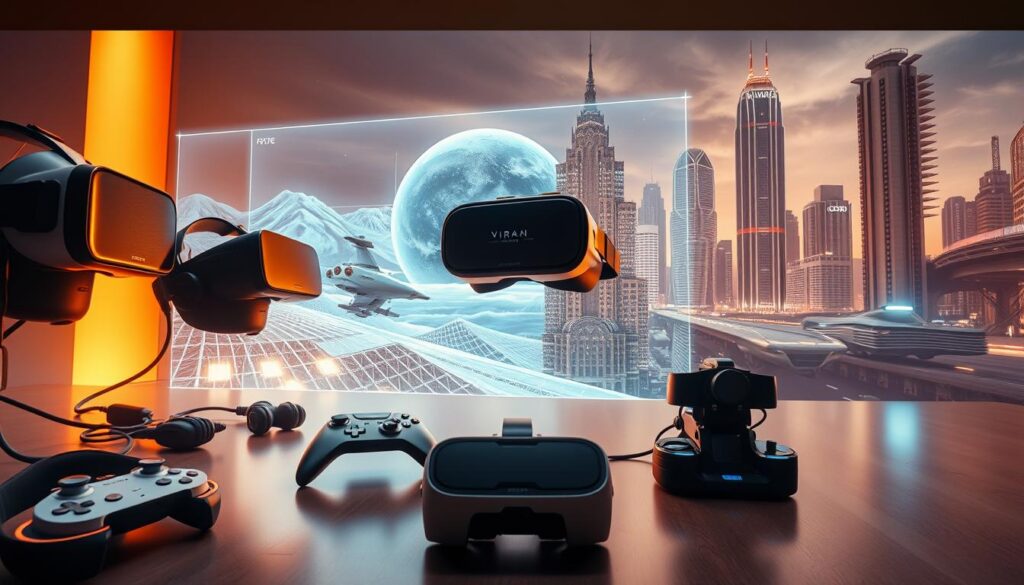 A cinematic, wide-angle shot depicting the historical evolution of virtual reality technology. In the foreground, a series of vintage VR headsets and controllers from different eras, showcasing the progression of design and capabilities. In the middle ground, larger-than-life holographic projections of virtual environments, from early wireframe landscapes to modern photorealistic worlds. In the background, a futuristic cityscape with towering skyscrapers and advanced transportation systems, hinting at the integration of VR into everyday life. Soft, warm lighting casts an inviting glow, creating a sense of wonder and excitement about the future of immersive experiences.