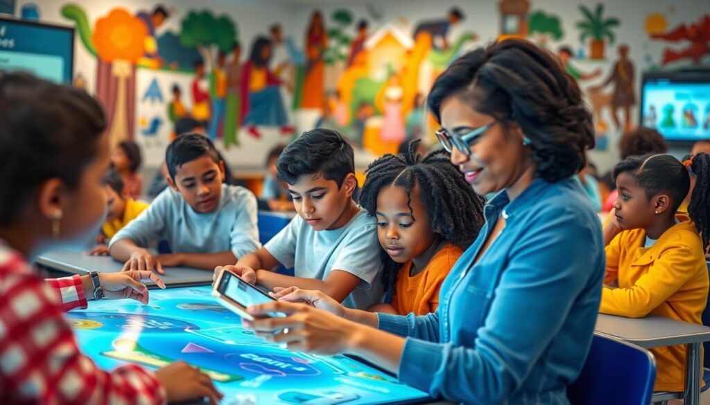 A classroom filled with diverse students, each engaged in personalized learning experiences powered by AI-driven educational technology. In the foreground, a teacher assists a student with a tablet, guiding them through an inclusive and adaptive curriculum. In the middle ground, other students collaborate on interactive displays, immersed in captivating learning simulations. The background features a vibrant, inclusive mural depicting various cultures and abilities, symbolizing the inclusive nature of the educational environment. Soft, natural lighting and a sense of wonder and discovery permeate the scene, reflecting the transformative potential of AI in fostering inclusive and equitable learning for all.