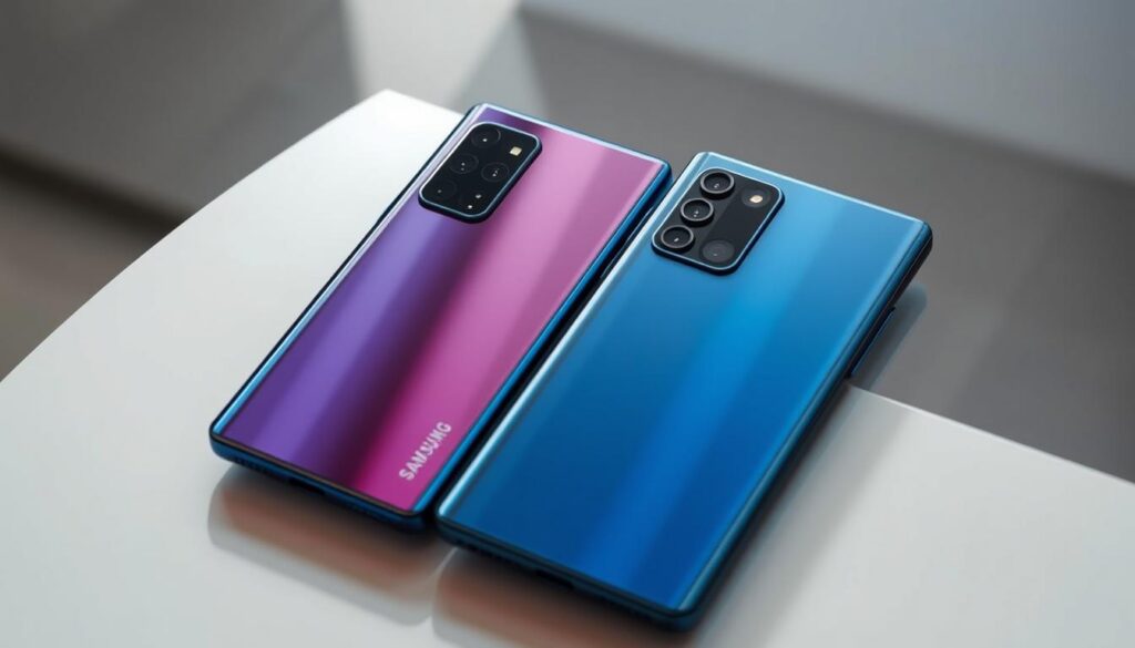 A close-up shot of two high-end smartphones, a Samsung Galaxy A56 and a Xiaomi Redmi Note 14 Pro, side by side on a sleek, minimalist surface. The devices feature large, vibrant displays and multi-lens camera modules that dominate the rear panels. Subtle lighting accentuates the glossy finishes and sharp edges, creating a sense of premium quality and advanced photographic capabilities. The scene conveys a balanced, harmonious composition that showcases the powerful camera systems of these mid-range flagship models, reflecting the affordability and performance focus of the "Galaxy A56 and Redmi Note 14 Pro: powerful cameras without breaking the bank" section of the article.