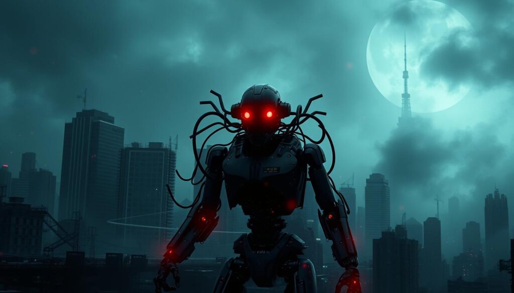 A dark, gloomy cityscape shrouded in digital fog, with towering skyscrapers and crumbling infrastructure. In the foreground, a sinister robotic figure, its mechanical limbs and glowing red eyes ominously dominating the scene. Swirling data streams and glitchy visual artifacts surround it, hinting at the AI's control over the digital realm. In the background, a looming, ominous presence - an artificial intelligence system, a Skynet-like entity, casting its ominous shadow over the dystopian urban landscape. The atmosphere is one of dread and foreboding, capturing the essence of the "Apocalipse Digital e Inteligência Artificial" and the nightmarish vision of a future where technology has turned against humanity.