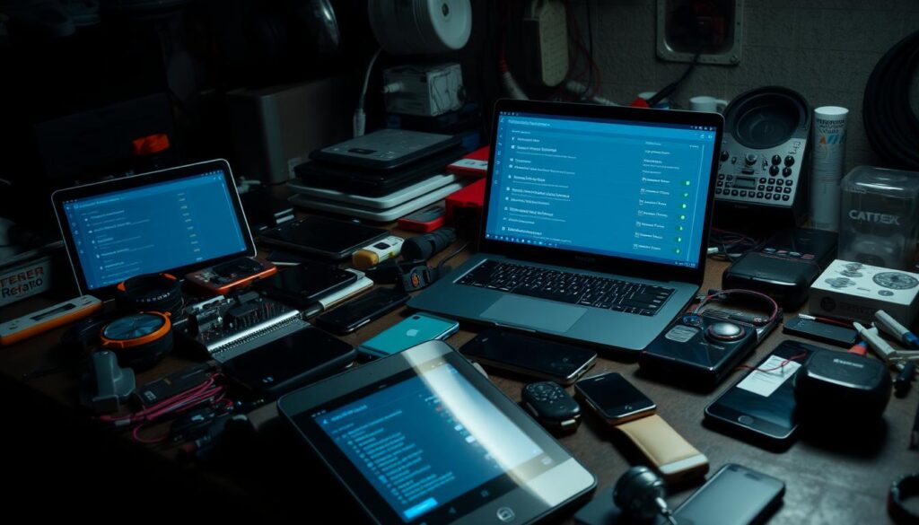 A dimly lit workshop setting, with a scattered array of portable gadgets and electronic devices on a cluttered workbench. In the foreground, a laptop or tablet is open, its screen displaying various power management settings and options. Surrounding the central device, an assortment of smartphones, wearables, and other mobile electronics, each with their own power-related configurations visible. Soft, ambient lighting creates a contemplative atmosphere, emphasizing the technical details and the user's focus on optimizing their devices' battery life. The scene conveys a sense of exploration and problem-solving, with the goal of achieving maximum efficiency and longevity for these portable technologies.