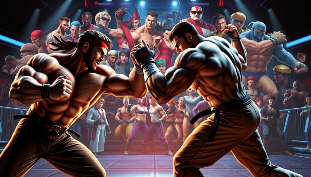 A dynamic progression of 3D fighting game visuals, showcasing the evolution from pixelated sprites to high-fidelity polygonal characters. In the foreground, a pair of muscular, realistically-rendered fighters engage in a fierce hand-to-hand combat, their movements fluid and lifelike. The middle ground features a futuristic, neon-lit arena with dynamic camera angles, capturing the intensity of the battle from multiple perspectives. In the background, a collage of iconic fighting game characters from different eras, representing the technological advancements that have transformed the genre over time, from 2D to 3D, pixel to polygon. Lighting is dramatic, with deep shadows and vibrant highlights accentuating the fighters' expressions and the arena's sci-fi atmosphere. The overall mood conveys the exhilaration and evolution of 3D fighting games.