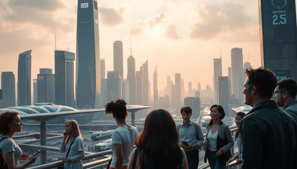 A futuristic cityscape with a sleek, high-tech skyline, bathed in a warm, diffused light. In the foreground, a group of diverse individuals engaged in animated discussions, their expressions reflecting the complex interplay between technology and society. The middle ground features advanced transportation systems, including hovering vehicles and pedestrian walkways, seamlessly integrated into the urban landscape. In the background, towering skyscrapers with holographic displays and cutting-edge architectural designs convey a sense of progress and innovation. The overall scene evokes a sense of wonder, contemplation, and the challenges of navigating the rapidly evolving technological landscape.