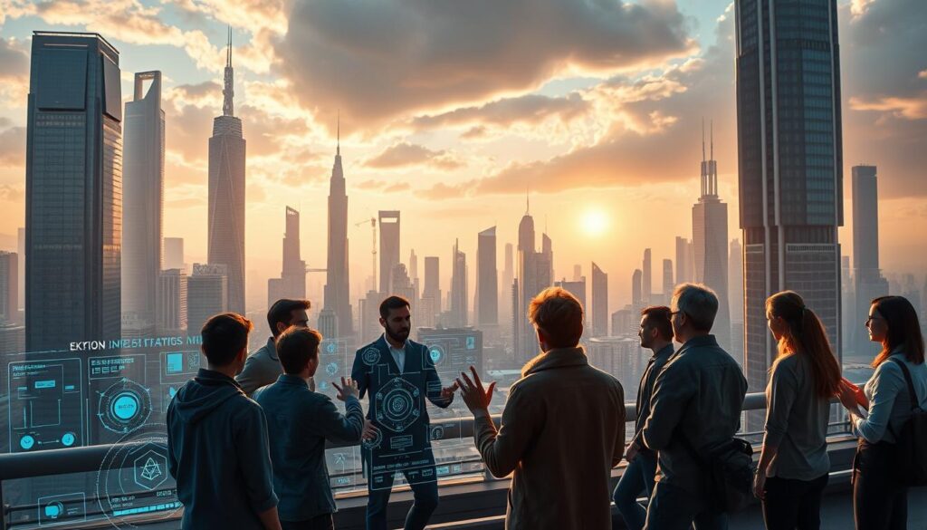 A futuristic cityscape, with towering skyscrapers and advanced digital infrastructure, serves as the backdrop for a contemplative scene exploring the ethical and economic challenges of AI in game design. In the foreground, a group of game developers and researchers engages in a lively discussion, gesturing toward holographic displays that visualize complex data and AI models. The lighting is a blend of cool, neon-tinged hues and warm, natural sunlight, creating an atmospheric tension that reflects the weighty subject matter. The scene is shot from a slightly elevated angle, giving the viewer a panoramic perspective to fully immerse themselves in the creative and intellectual process unfolding before them.