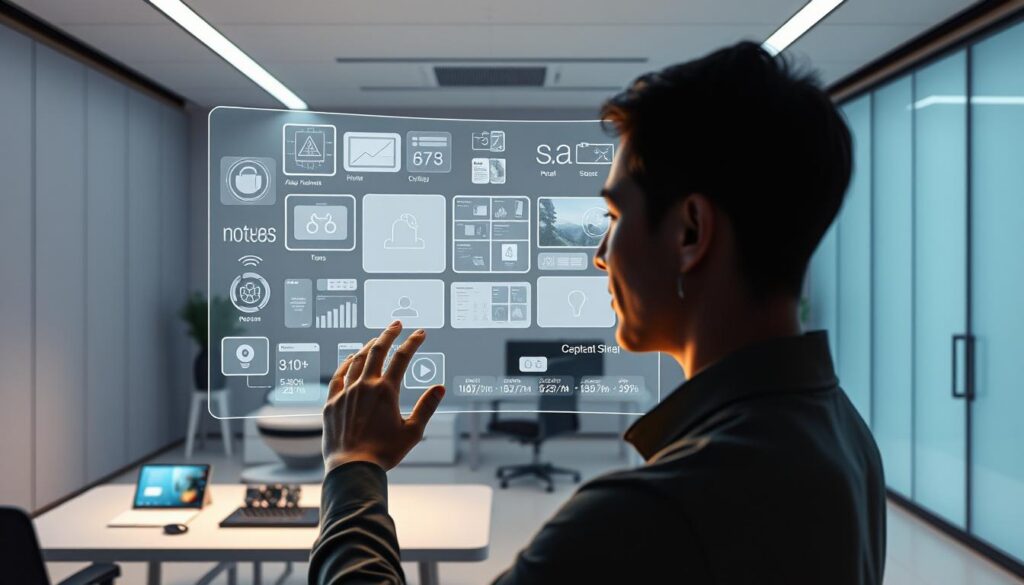 A futuristic, sleek office setting with a large holographic display showcasing digital content creation tools. In the foreground, a person interacts with the interface using natural gestures, their face illuminated by the screen's glow. The middle ground features an array of smart devices and AI-powered software, while the background depicts a minimalist, high-tech ambiance with clean lines and muted tones. Soft, directional lighting creates depth and emphasizes the seamless integration of technology and creativity. The overall scene conveys a sense of innovation, efficiency, and the power of AI-driven content generation.