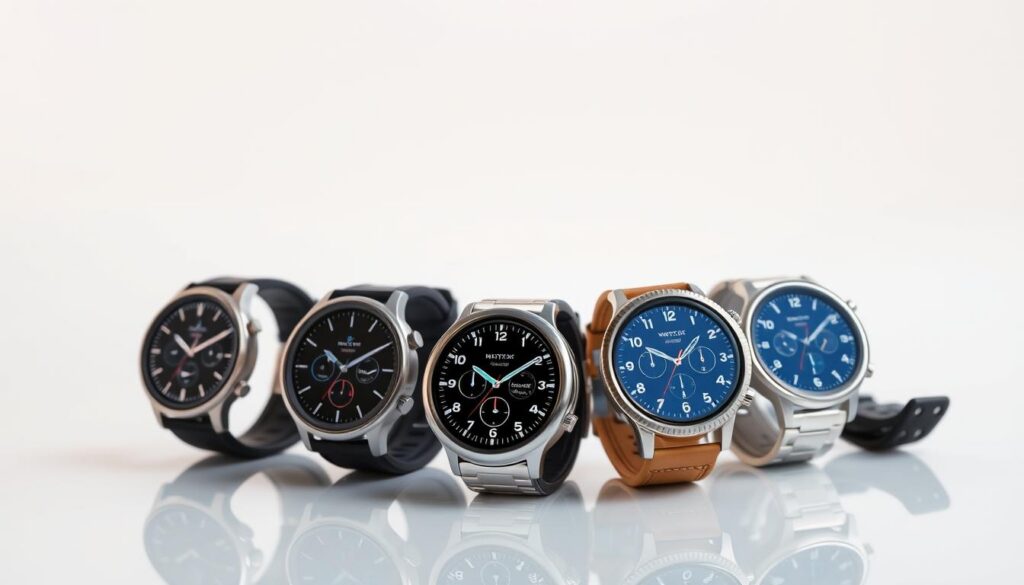 A high-quality, well-lit comparative shot of a selection of cutting-edge smartwatches from leading brands, capturing their sleek designs, high-resolution displays, and variety of advanced features. The watches are arranged on a minimalist, reflective surface, allowing a side-by-side evaluation of their size, materials, and overall aesthetic appeal. The lighting is soft and evenly distributed, creating a sense of depth and highlighting the nuances of each watch's construction. The background is a clean, neutral tone, keeping the focus firmly on the smartwatch models and enabling a clear assessment of their cost-to-benefit ratio.