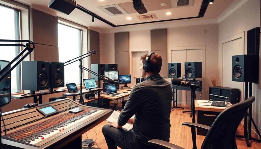 A high-resolution photograph of a professional recording studio, with state-of-the-art audio equipment, microphones, and soundproofing panels. In the foreground, a podcaster sits at a desk, headphones on, deep in concentration as they record their tech-focused podcast. The mid-ground features a soundboard and various digital displays, while the background showcases a sleek, modern design with minimalist decor and large windows letting in soft, diffused lighting. The overall atmosphere conveys a sense of professionalism, creativity, and the growing influence of technology-focused podcasts in the entertainment industry.