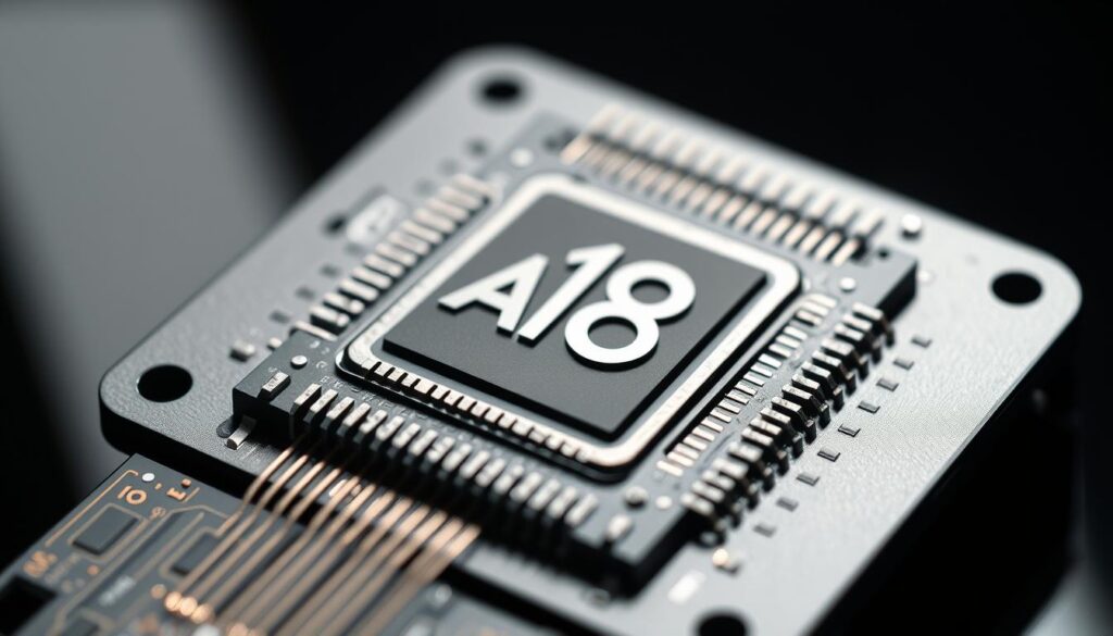 A high-resolution, photorealistic close-up view of the advanced A18 Pro chip designed for the latest iPhone 17. The chip is meticulously detailed, showcasing its intricate circuitry, heat dissipation vents, and precision engineering. The image is shot with a macro lens, highlighting the chip's microscopic components and advanced cooling system. The lighting is directional, creating shadows that accentuate the chip's depth and complexity. The background is blurred, keeping the focus solely on the powerful A18 Pro, the heart of the iPhone 17's impressive performance.