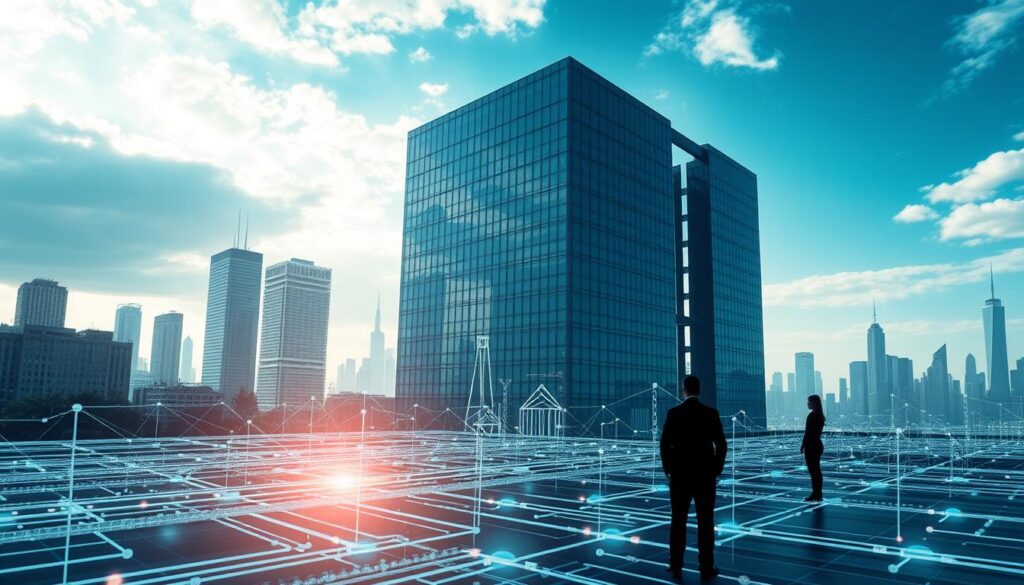 A large, sleek office building set against a backdrop of futuristic cityscapes, reflecting the digital transformation of modern enterprises. In the foreground, an intricate network of interconnected systems, sensors, and automation processes seamlessly coordinating operations. Shadowy silhouettes of executives and IT professionals oversee the efficient flow of data, ensuring robust governance and security measures. Soft, diffused lighting casts a warm, futuristic glow, while the distant horizon is dotted with towering skyscrapers, symbolizing the ever-evolving landscape of digital innovation.