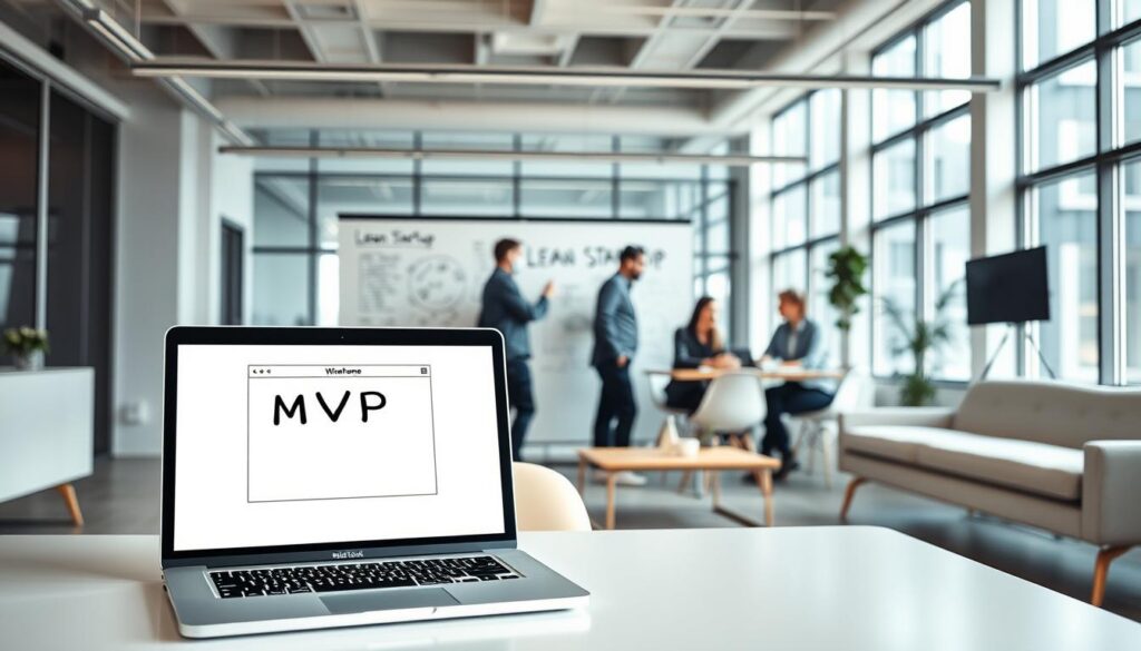 A sleek and modern office space, filled with minimalist furniture and clean lines. In the foreground, a laptop displaying a simple wireframe interface, representing the Minimum Viable Product (MVP) development process. Behind it, a whiteboard with handwritten notes and sketches, illustrating the Lean Startup methodology. The middle ground features a team of developers and designers collaborating, their expressions focused and determined. In the background, large windows provide ample natural lighting, creating a sense of openness and innovation. The overall atmosphere conveys a methodical, yet dynamic approach to building a successful technology startup.