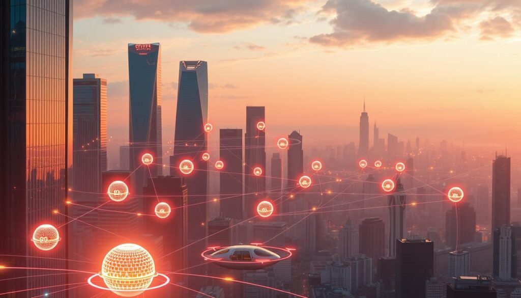 A sleek, futuristic cityscape with towering skyscrapers and a network of luminous 6G connections pulsing through the air. Glowing energy spheres float effortlessly, harnessing the power of the next-generation wireless technology. In the foreground, holographic interfaces and augmented reality displays showcase the seamless integration of 6G into our daily lives. The middle ground features hovering transport pods and autonomous vehicles, all connected by the blazing-fast 6G infrastructure. The background depicts a stunning skyline, bathed in a warm, vibrant glow that emanates from the widespread 6G coverage. The scene conveys a sense of technological wonder, efficiency, and the revolutionary impact of 6G on our urban landscapes and daily experiences.