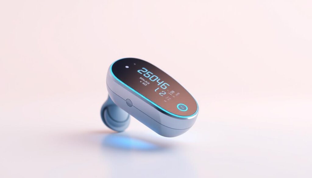 A sleek, futuristic-looking blood pressure monitor hovers elegantly on a minimalist, white background. The device features a clean, seamless design with no visible wires or bulky components. Soft blue lights subtly illuminate the monitor, conveying a sense of advanced, cutting-edge technology. The angle showcases the monitor's slim profile and discreet form factor, hinting at its wearable and non-invasive nature. A warm, ambient lighting creates a serene, clinical atmosphere, highlighting the monitor's precision and medical-grade capabilities. The overall aesthetic is one of modern, unobtrusive sophistication, befitting a revolutionary health-tracking device.