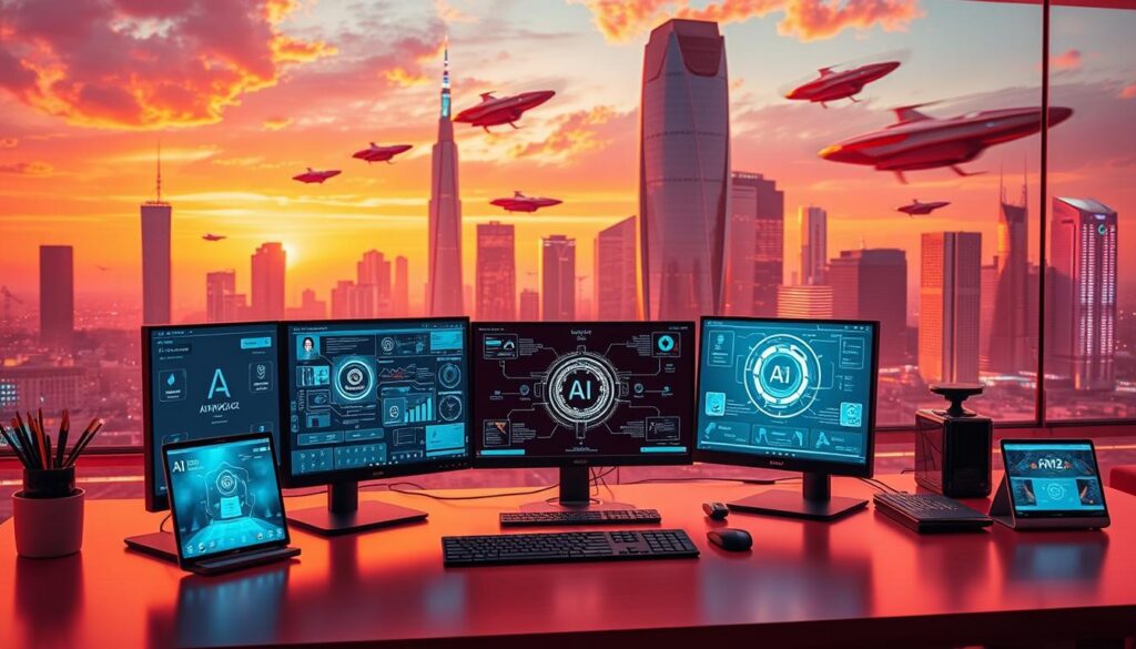 A sleek, futuristic workspace bathed in warm, vibrant lighting. On the desk, an array of cutting-edge AI tools and applications, their interfaces and logos emblazoned across high-resolution displays. In the background, a cityscape of gleaming skyscrapers and hover-cars soar through the sky, hinting at the technological advancements of the year 2025. The scene conveys a sense of efficiency, innovation, and the boundless potential of AI-powered productivity. The composition is dynamic, with a focus on the central desk, framed by subtle shadows and reflections that lend depth and dimension to the image.