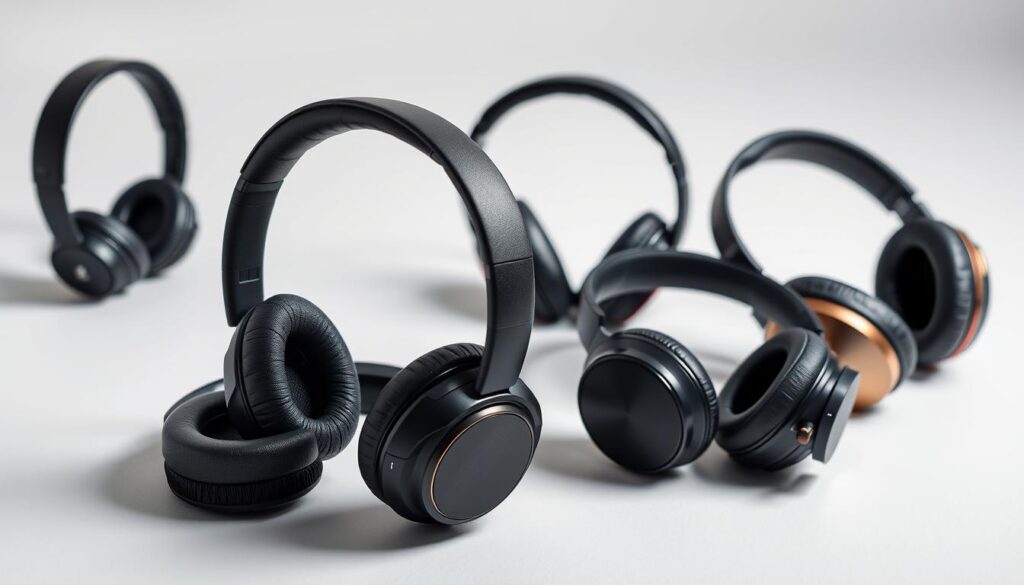 A sophisticated, high-resolution image of a collection of the top noise-cancelling headphones found in the Brazilian market. The headphones are presented in a clean, well-lit studio setting, showcasing their sleek, modern designs and premium materials. The headphones are arranged in a visually appealing composition, with different models positioned at varying angles to highlight their unique features and controls. The lighting creates soft, even shadows, emphasizing the headphones' contours and textures. The background is a neutral, minimalist setting, allowing the headphones to be the focal point. The overall mood is one of sophistication, technical precision, and consumer-focused attention to detail.