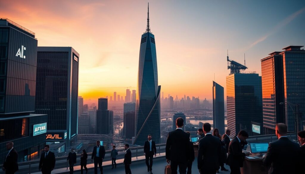 A stunning cityscape at dusk, featuring the gleaming towers of the world's most valuable AI startups. In the foreground, sleek, futuristic office buildings with clean, geometric lines and glowing holographic signs. The middle ground is bustling with activity, executives in sharp suits hurrying between meetings, programmers hunched over laptops, and investors in deep discussion. In the background, a vibrant skyline of skyscrapers and bridges, bathed in the warm glow of the setting sun. The scene conveys a sense of innovation, ambition, and the transformative power of artificial intelligence, with a cinematic, almost dreamlike quality. Crisp, high-contrast lighting and a shallow depth of field focus the viewer's attention on the key details.
