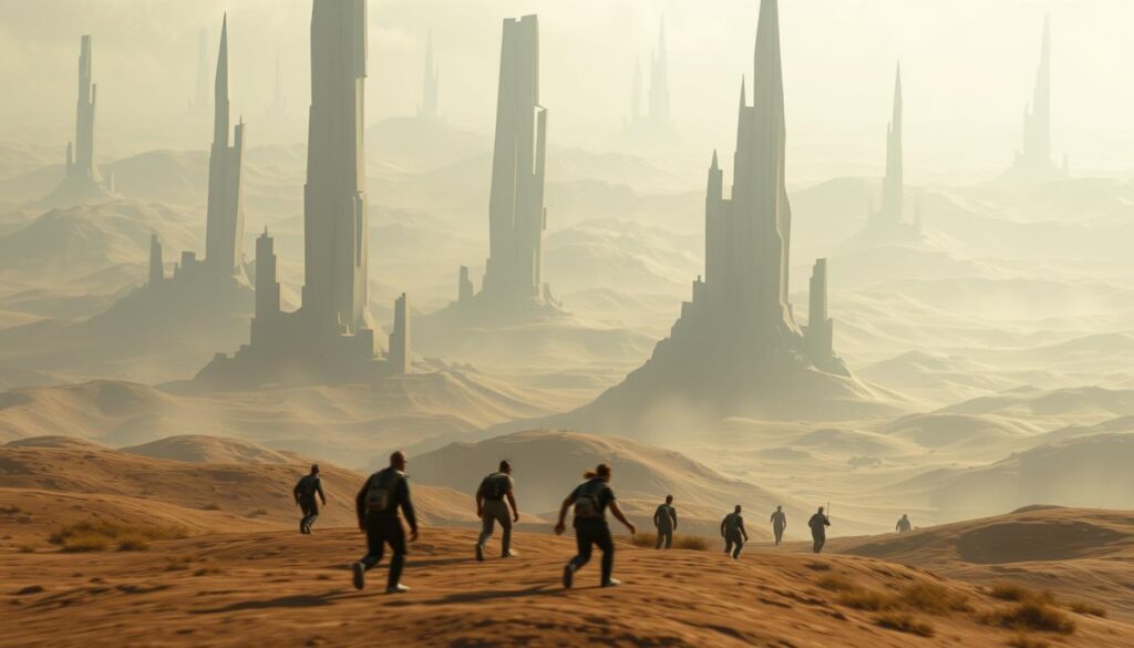 A sweeping procedural landscape, with towering geometric structures and undulating terrain. In the foreground, a group of dynamic, lifelike characters navigating the environment, their movements and actions generated algorithmically. The scene is bathed in a warm, diffused lighting, with a subtle depth of field creating a sense of immersion. Cascading particle effects and subtle volumetric elements add to the overall sense of a living, breathing world. The entire composition has a sense of seamless, organic cohesion, reflecting the power of AI-driven procedural generation to create captivating game environments and characters.