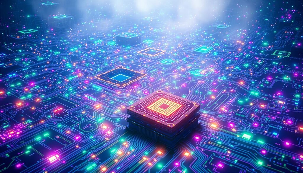 A vast expanse of quantum circuitry, intricately woven in a dazzling display of vivid blues, greens, and purples. Glowing energy pulses through intricate pathways, powering a revolution in computation. In the foreground, a striking silhouette of a futuristic quantum processor, its intricate geometry casting an ethereal glow. Surrounding it, a kaleidoscope of quantum phenomena - qubits, entanglement, and superposition - visually manifesting the transformative power of this technological breakthrough. The background is shrouded in a hazy, atmospheric setting, suggesting the far-reaching implications of this quantum revolution across diverse sectors. Cinematic lighting and a sense of depth and scale convey the grandeur and importance of this pivotal moment in the history of computing.