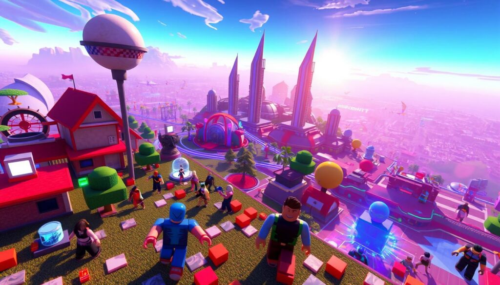 A vibrant and immersive digital landscape, where the distinct worlds of Roblox and Fortnite seamlessly converge. In the foreground, players navigate through a whimsical, blocky realm, their avatars engaged in dynamic interactions. The middle ground features a futuristic cityscape, towering skyscrapers, and holographic elements, hinting at the advanced technological underpinnings of these virtual environments. In the background, a vast, boundless sky sets the stage, with subtle lighting effects that create a sense of depth and wonder. The overall atmosphere conveys a sense of boundless possibilities, where the lines between the physical and the digital blur, offering a glimpse into the enduring appeal and evolution of virtual worlds.