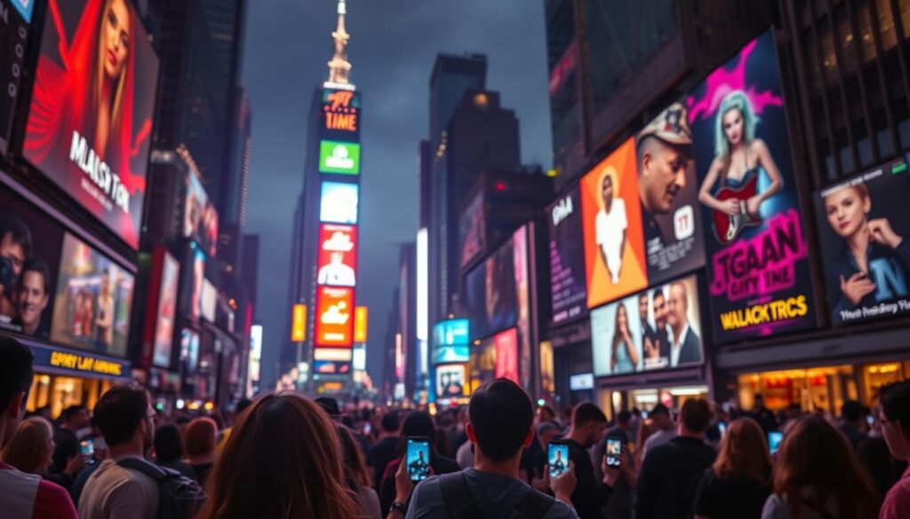 A vibrant cityscape at night, with towering skyscrapers and neon-lit billboards showcasing the latest music and film releases. In the foreground, a crowd of people immersed in their mobile devices, streaming the latest hit songs and blockbuster movies. The scene is bathed in a warm, cinematic glow, with a subtle depth of field blur to draw the eye to the focal point. The composition evokes a sense of the dynamic, ever-evolving nature of the modern music and film industries, as they adapt to the rise of streaming platforms.