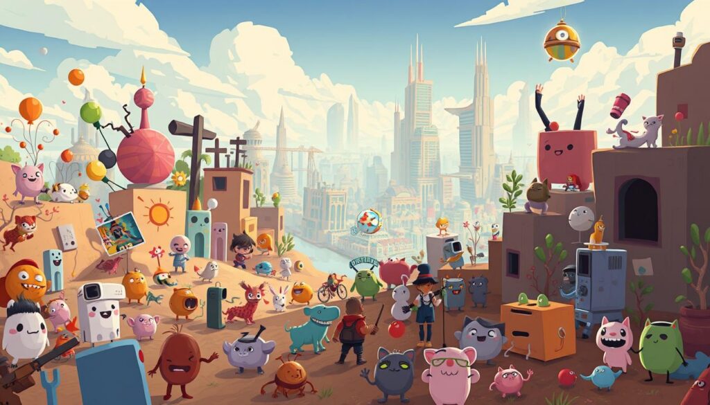 A vibrant, digital landscape showcasing the creative freedom of independent game development. In the foreground, a diverse array of whimsical, hand-drawn game characters engage in playful interactions, their unique designs reflecting the independent spirit. In the middle ground, a collage of abstract shapes, bold colors, and experimental visual styles hint at the innovative approaches of indie studios. In the background, a vast, futuristic cityscape with towering skyscrapers and neon-lit streets, symbolizing the intersection of technology and artistic expression. The scene is illuminated by a warm, diffused lighting that accentuates the organic, handcrafted feel of the independent game world, in contrast to the sleek, high-budget aesthetic of mainstream titles.