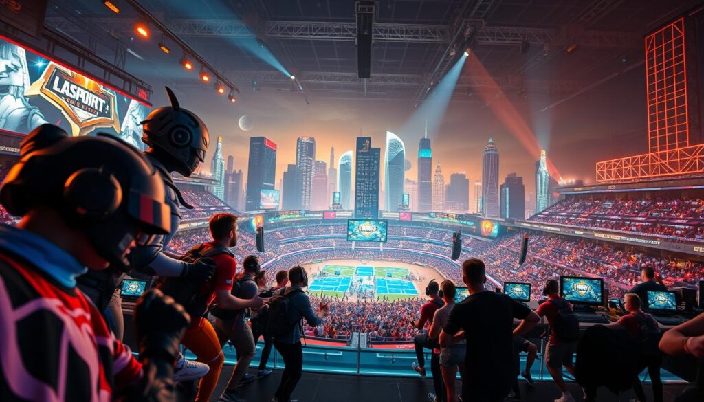 A vibrant digital landscape, where competitive e-sports players engage in intense gaming battles, surrounded by a sea of digital displays and immersive lighting. In the foreground, larger-than-life gaming characters and avatars command attention, their movements captured in dynamic poses. The middle ground features a stadium-like arena, filled with cheering spectators and a high-tech control center. The background showcases a futuristic city skyline, with towering skyscrapers and a pulsing neon grid, reflecting the digital revolution transforming the entertainment industry. Warm, saturated tones and a cinematic depth of field create a captivating and immersive atmosphere, capturing the thrilling world of e-sports and digital engagement.