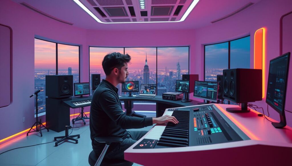 A vibrant, futuristic music studio with a sleek, minimalist aesthetic. In the foreground, a person sits at a state-of-the-art digital workstation, hands hovering over a MIDI controller, deep in concentration as they compose a new piece of music using artificial intelligence. The middle ground features various AI-driven music production tools and software, glowing with warm, ambient lighting. The background showcases a panoramic cityscape view through large windows, hinting at the boundless creative potential of AI-assisted music creation. The atmosphere is one of innovation, exploration, and the seamless integration of human and machine.