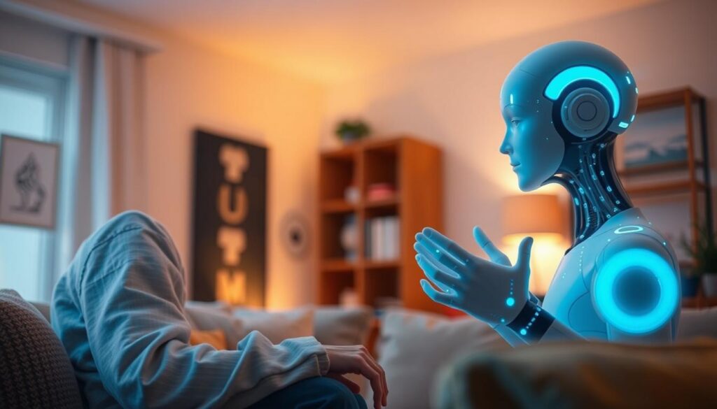 A virtual assistant companion embodying artificial intelligence, gracefully interacting with a human in a cozy, inviting living space. Soft, warm lighting illuminates the scene, creating an atmosphere of comfort and trust. The AI assistant, depicted as a stylized, ethereal figure, seamlessly integrates into the environment, ready to assist and engage the user through natural, intuitive means. The background subtly suggests a futuristic, technologically-advanced setting, hinting at the advanced capabilities of this intelligent companion. The overall composition conveys a sense of harmony and symbiosis between human and machine, showcasing the potential of AI to enhance daily life.