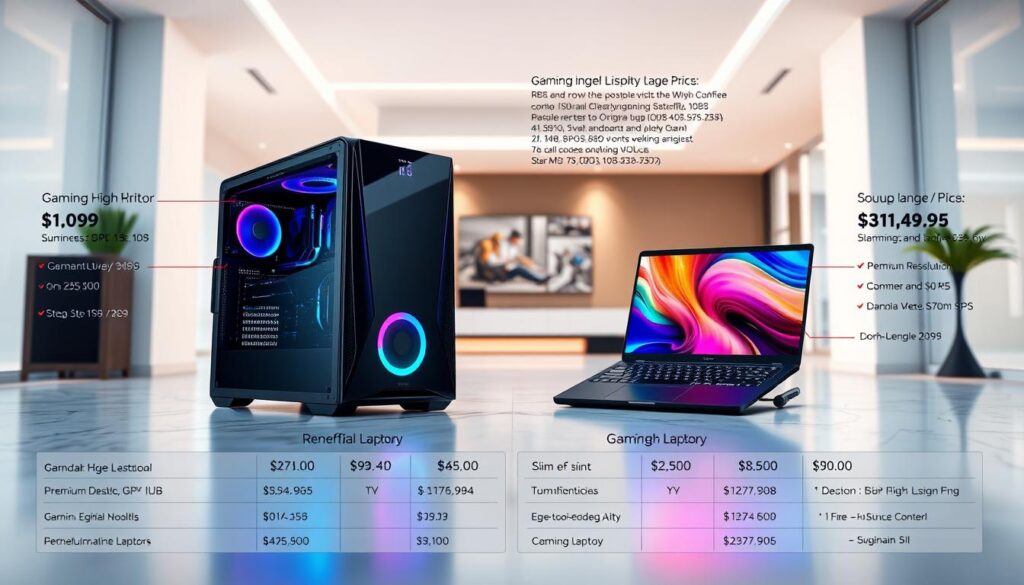 A well-lit, modern interior space showcasing a gaming desktop setup on the left and a gaming laptop on the right. The desktop features a sleek, high-end tower with RGB lighting, paired with a large, high-resolution monitor, premium peripherals, and a powerful GPU. The laptop displays a slim, cutting-edge design with a vibrant, edge-to-edge display. Both setups are surrounded by detailed product information, including comparative price points, hardware specifications, and performance metrics, allowing the viewer to assess the cost-benefit analysis of each option. The scene conveys a sense of technological sophistication and consumer decision-making, with a focus on the key factors to consider when choosing between a gaming desktop and a gaming laptop.