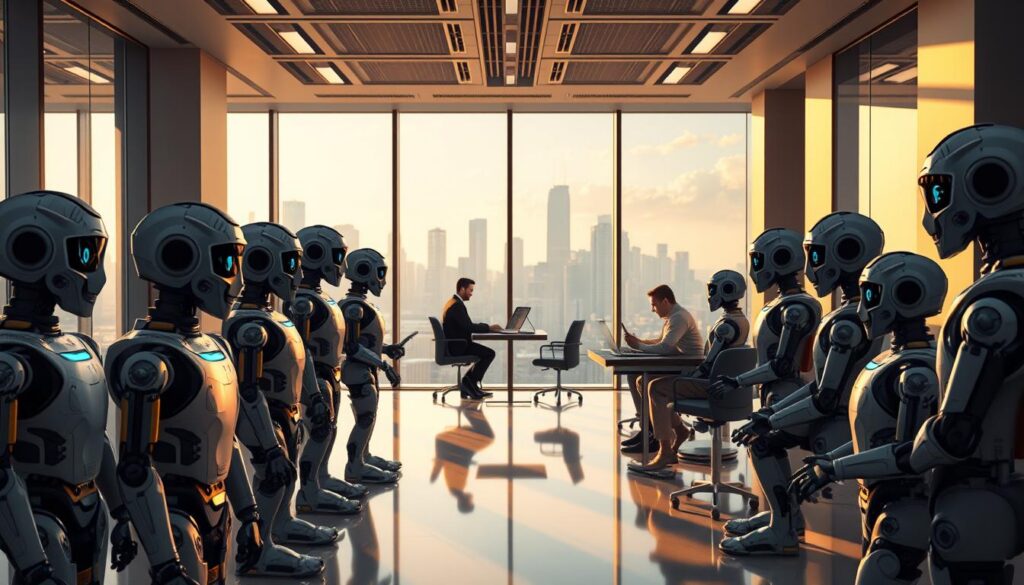 An office interior with a sleek, modern design. In the foreground, an array of specialized AI chatbots, each with a unique avatar and personality, engage in animated conversations. The middle ground features a team of developers intently coding and fine-tuning the chatbots' knowledge base and capabilities. The background showcases a large, futuristic skyline through floor-to-ceiling windows, bathed in warm, directional lighting that casts dynamic shadows. The overall scene conveys an atmosphere of cutting-edge technology, innovation, and the seamless integration of artificial intelligence into the modern business landscape.