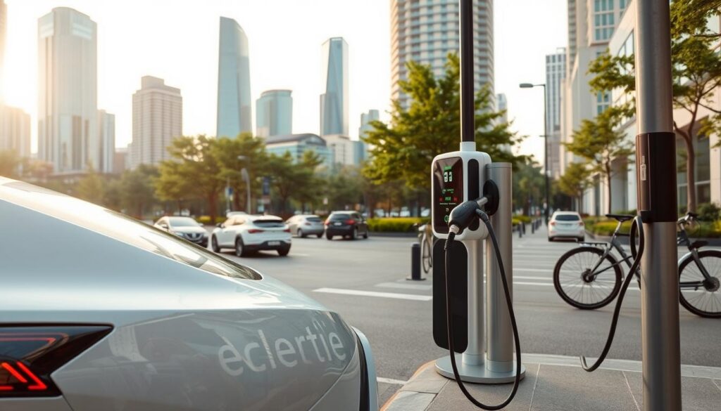An urban street scene with electric vehicles in various stages of charging. In the foreground, a sleek, modern electric sedan is plugged into a charging station, its battery status indicator glowing. The middle ground features a mix of other electric cars, SUVs, and bicycles, all harmoniously integrated into the cityscape. In the background, skyscrapers and green spaces create a sustainable, futuristic atmosphere. Soft, diffused lighting casts a warm, inviting glow, while the angles and perspectives emphasize the flow of eco-friendly transportation. The overall impression conveys a vision of a clean, efficient, and technologically-advanced urban mobility ecosystem.