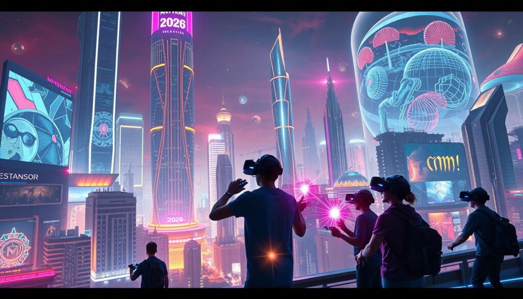Futuristic cityscape illuminated by vibrant neon lights, with towering skyscrapers and holograms projecting intricate 3D game environments. In the foreground, a group of gamers immersed in a seamless virtual reality experience, their movements and actions seamlessly mirrored on the cityscape. Brilliant flashes of color and energy emanate from their headsets and controllers, hinting at the advanced neural interfaces and haptic feedback systems powering the next generation of gaming. The background is a blend of sleek, angular architecture and organic, fluid shapes, suggesting a harmonious fusion of technology and nature. The overall scene conveys a sense of boundless creativity, innovation, and the transformative power of gaming in the year 2026.